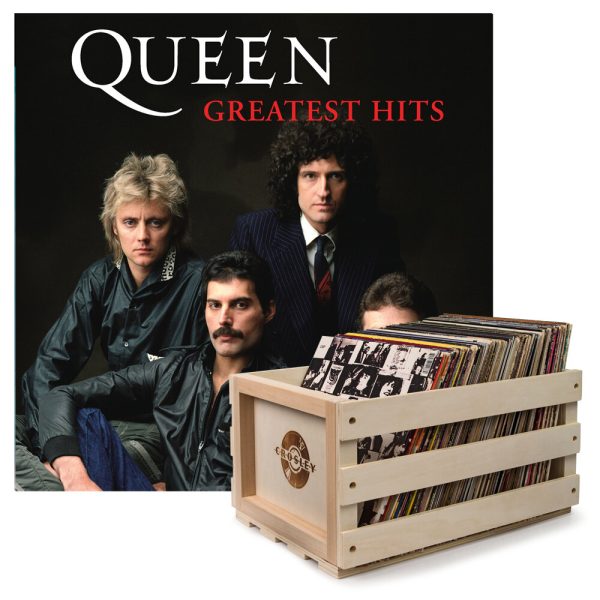 Crosley Record Storage Crate & QUEEN GREATEST HITS - DOUBLE VINYL ALBUM Bundle