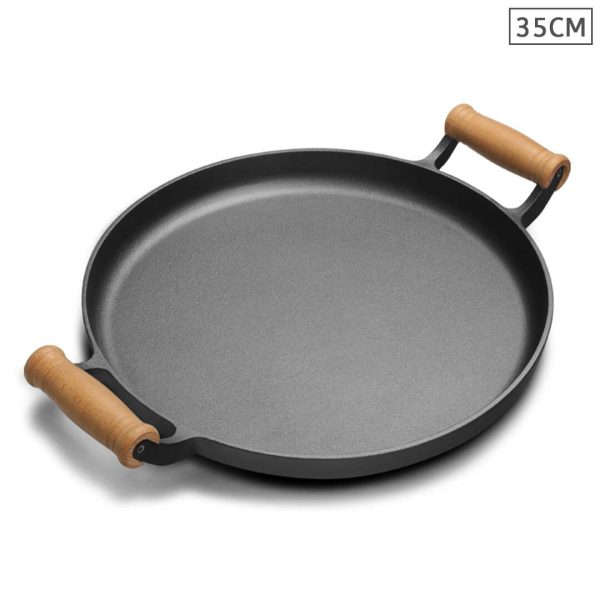 SOGA 35cm Cast Iron Frying Pan Skillet Steak Sizzle Fry Platter With Wooden Handle No Lid
