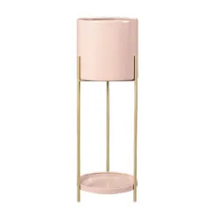 SOGA 2 Layer 62cm Gold Metal Plant Stand with Pink Flower Pot Holder Corner Shelving Rack Indoor Display
