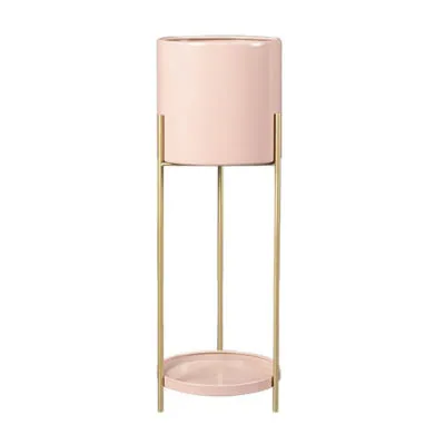 SOGA 2 Layer 62cm Gold Metal Plant Stand with Pink Flower Pot Holder Corner Shelving Rack Indoor Display