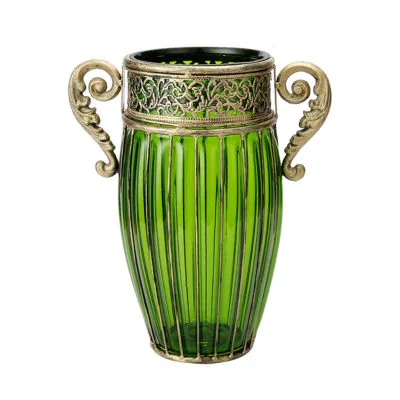 SOGA Green European Colored Glass Home Decor Jar Flower Vase with Two Metal Handle