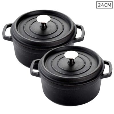 SOGA 2X Cast Iron 24cm Stewpot Casserole Stew Cooking Pot With Lid Black