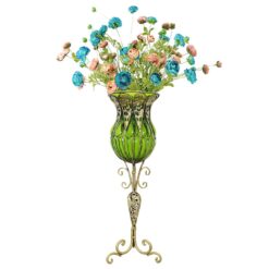 SOGA 85cm Green Glass Tall Floor Vase and 12pcs Blue Artificial Fake Flower Set