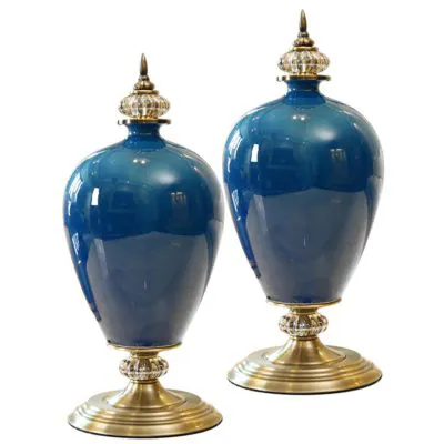 SOGA 2X 42cm Ceramic Oval Flower Vase with Gold Metal Base Dark Blue