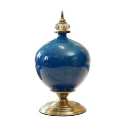 SOGA 38.50cm Ceramic Oval Flower Vase with Gold Metal Base Dark Blue