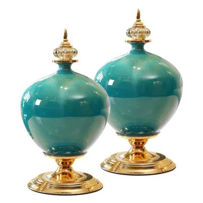SOGA 2X 38cm Ceramic Oval Flower Vase with Gold Metal Base Green