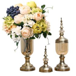 SOGA 2X Clear Glass Flower Vase with Lid and White Flower Filler Vase Bronze Set