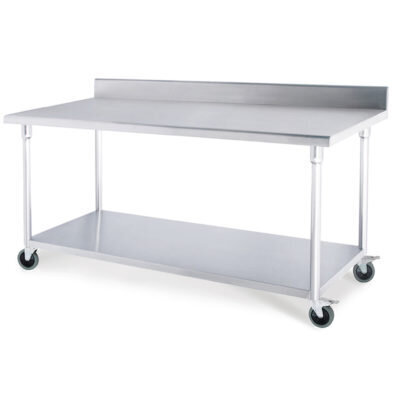 SOGA 150cm Commercial Catering Kitchen Stainless Steel Prep Work Bench Table with Backsplash and Caster Wheels