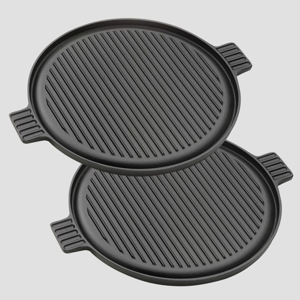 SOGA 2X 43cm Round Ribbed Cast Iron Frying Pan Skillet Steak Sizzle Platter with Handle