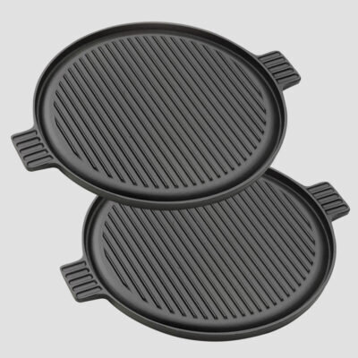SOGA 2X 43cm Round Ribbed Cast Iron Frying Pan Skillet Steak Sizzle Platter with Handle