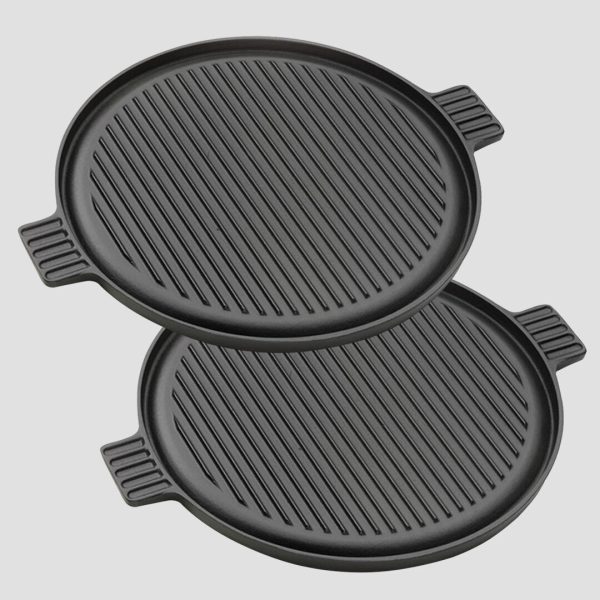 SOGA 2X 43cm Round Ribbed Cast Iron Frying Pan Skillet Steak Sizzle Platter with Handle