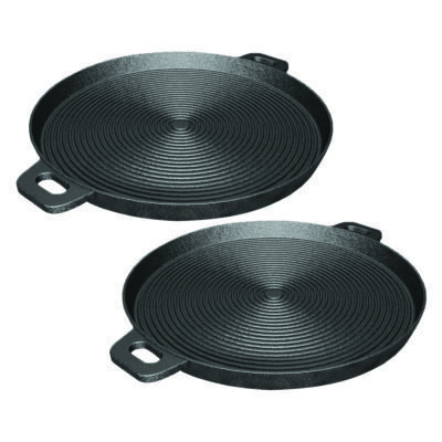 SOGA 2X 34cm Round Ribbed Cast Iron Frying Pan Skillet Steak Sizzle Platter with Handle