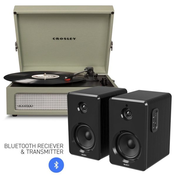 Crosley Voyager Bluetooth Portable Turntable - Sage + Bundled Majority D40 Bluetooth Speakers - Black