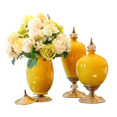 SOGA 3X Ceramic Oval Flower Vase with White Flower Set Yellow