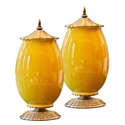 SOGA 2X 40cm Ceramic Oval Flower Vase with Gold Metal Base Yellow