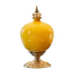 SOGA 38.50cm Ceramic Oval Flower Vase with Gold Metal Base Yellow