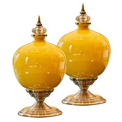 SOGA 2X 38cm Ceramic Oval Flower Vase with Gold Metal Base Yellow