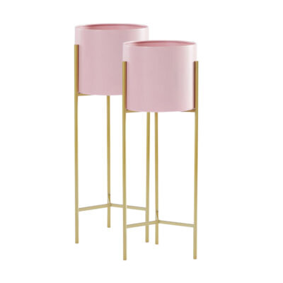 SOGA 2X 2 Layer 60cm Gold Metal Plant Stand with Pink Flower Pot Holder Corner Shelving Rack Indoor Display
