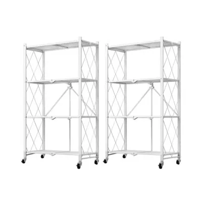 SOGA 2X 4 Tier Steel White Foldable Kitchen Cart Multi-Functional Shelves Portable Storage Organizer with Wheels
