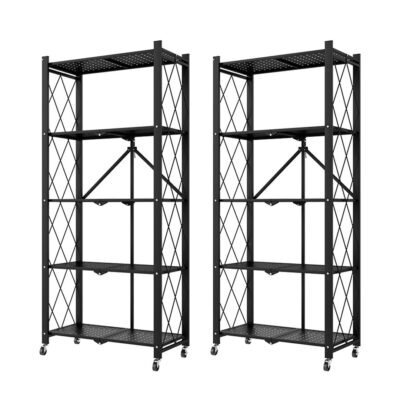 SOGA 2X 5 Tier Steel Black Foldable Kitchen Cart Multi-Functional Shelves Portable Storage Organizer with Wheels