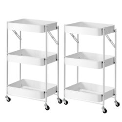 SOGA 2X 3 Tier Steel White Foldable Kitchen Cart Multi-Functional Shelves Portable Storage Organizer with Wheels