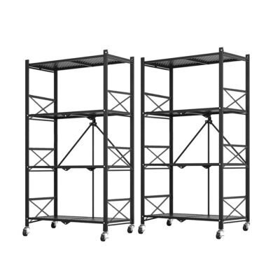 SOGA 2X 4 Tier Steel Black Foldable Display Stand Multi-Functional Shelves Portable Storage Organizer with Wheels