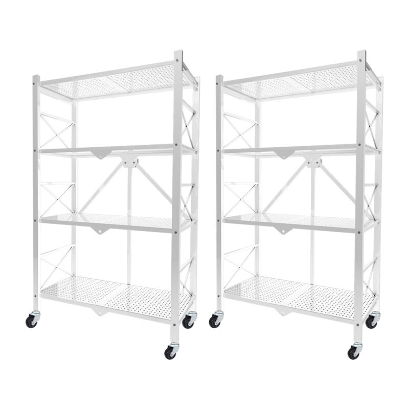 SOGA 2X 4 Tier Steel White Foldable Display Stand Multi-Functional Shelves Portable Storage Organizer with Wheels