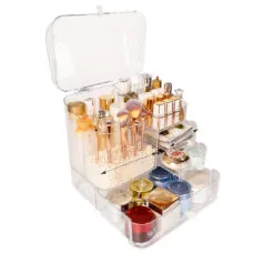 SOGA Transparent Cosmetic Storage Box Clear Makeup Skincare Holder with Lid Drawers Waterproof  Dustproof Organiser with Pearls