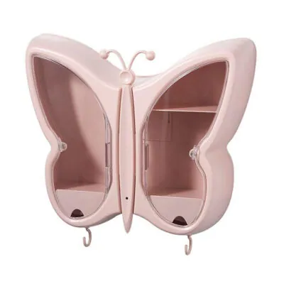 SOGA Pink Butterfly Shape Wall-Mounted Makeup Organiser Dustproof Waterproof Bathroom Storage Box Home Decor