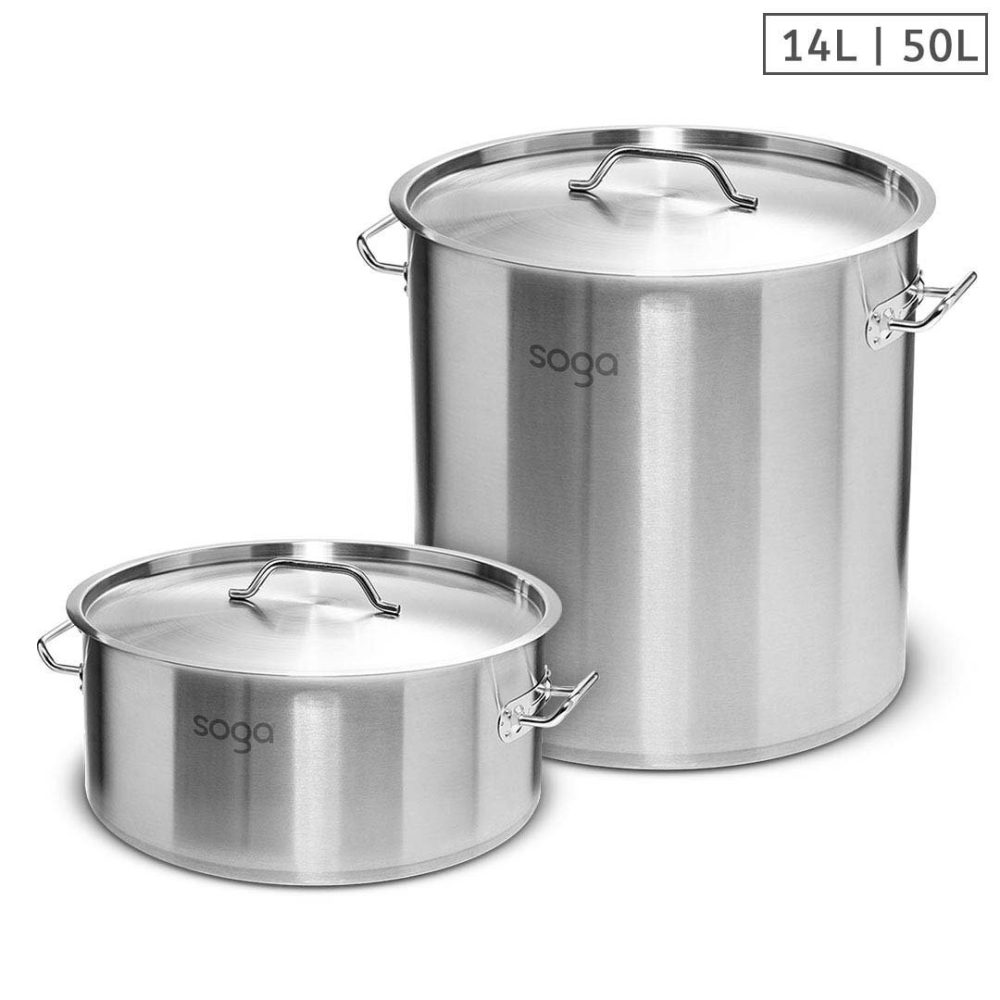 SOGA 14L Wide Stock Pot  and 50L Tall Top Grade Thick Stainless Steel Stockpot 18/10