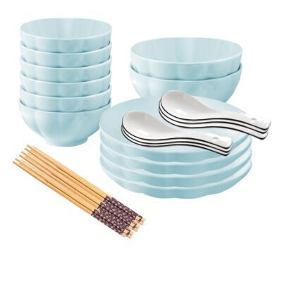SOGA Light Blue Japanese Style Ceramic Dinnerware Crockery Soup Bowl Plate Server Kitchen Home Decor Set of 12