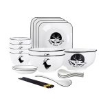 SOGA White Antler Printed Ceramic Dinnerware Set Crockery Soup Bowl Plate Server Kitchen Home Decor Set of 13
