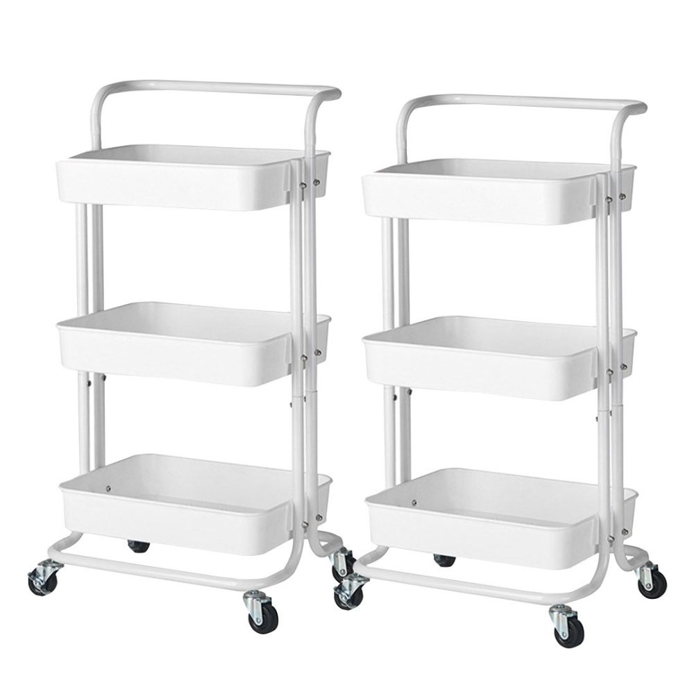 SOGA 2X 3 Tier Steel White Movable Kitchen Cart Multi-Functional Shelves Portable Storage Organizer with Wheels