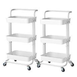 SOGA 2X 3 Tier Steel White Movable Kitchen Cart Multi-Functional Shelves Portable Storage Organizer with Wheels
