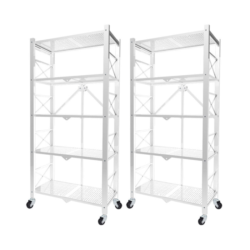 SOGA 2X 5 Tier Steel White Foldable Display Stand Multi-Functional Shelves Portable Storage Organizer with Wheels