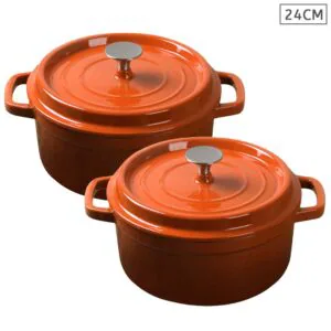 SOGA 2X Cast Iron 24cm Enamel Porcelain Stewpot Casserole Stew Cooking Pot With Lid Orange