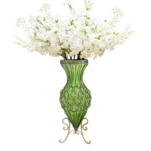 SOGA 67cm Green Glass Tall Floor Vase with 10pcs White Artificial Fake Flower Set