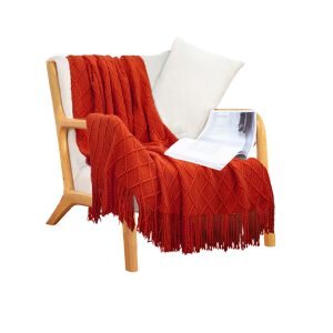SOGA Red Diamond Pattern Knitted Throw Blanket Warm Cozy Woven Cover Couch Bed Sofa Home Decor with Tassels