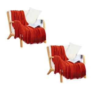 SOGA 2X Red Diamond Pattern Knitted Throw Blanket Warm Cozy Woven Cover Couch Bed Sofa Home Decor with Tassels