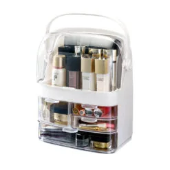 SOGA 3 Tier White Countertop Makeup Cosmetic Storage Organiser Skincare Holder Jewelry Storage Box with Handle
