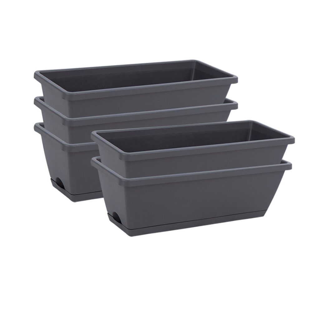 SOGA 49.5cm Black Rectangular Planter Vegetable Herb Flower Outdoor Plastic Box with Holder Balcony Garden Decor Set of 5