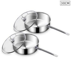 SOGA 2X 30cm Stainless Steel Saucepan Sauce pan with Glass Lid and Helper Handle Triple Ply Base Cookware