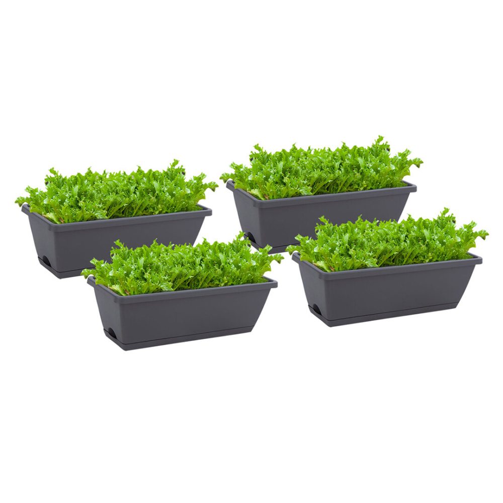 SOGA 49.5cm Black Rectangular Planter Vegetable Herb Flower Outdoor Plastic Box with Holder Balcony Garden Decor Set of 4