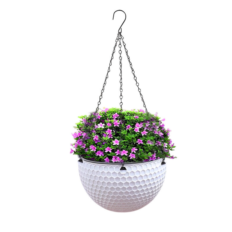 1-SOGA White Medium Hanging Resin Flower Pot Self Watering Basket Planter Outdoor Garden Decor