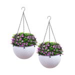 1-SOGA 2X White Medium Hanging Resin Flower Pot Self Watering Basket Planter Outdoor Garden Decor