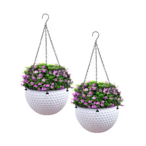1-SOGA 2X White Medium Hanging Resin Flower Pot Self Watering Basket Planter Outdoor Garden Decor
