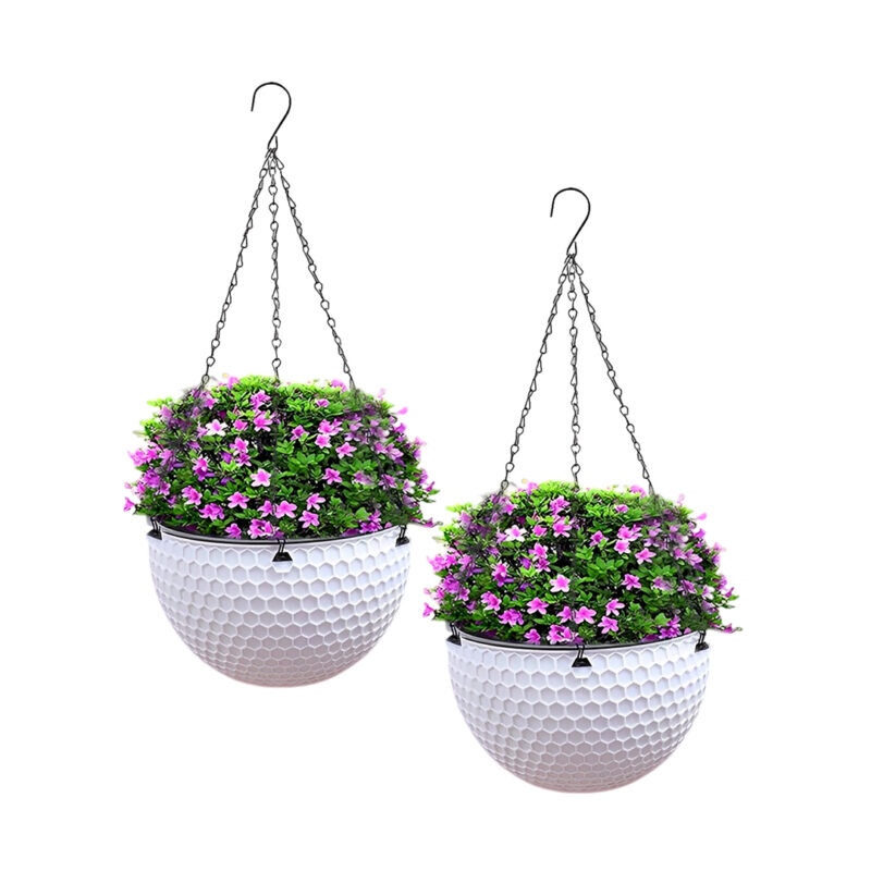 1-SOGA 2X White Medium Hanging Resin Flower Pot Self Watering Basket Planter Outdoor Garden Decor