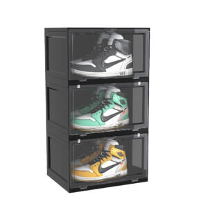 SOGA 3 Tier Black Portable Shoe Organiser Sneaker Footwear Folding Plastic Bin Stackable Storage Box with Magnet Doors