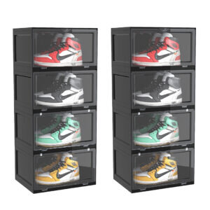 SOGA 2X 4 Tier Black Portable Shoe Organiser Sneaker Footwear Folding Plastic Bin Stackable Storage Box with Magnetic Door