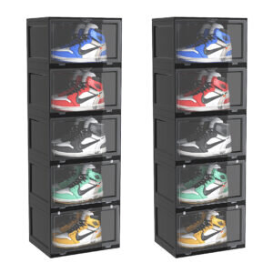 SOGA 2X 5 Tier Black Portable Shoe Organiser Sneaker Footwear Folding Plastic Bin Stackable Storage Box with Magnetic Door